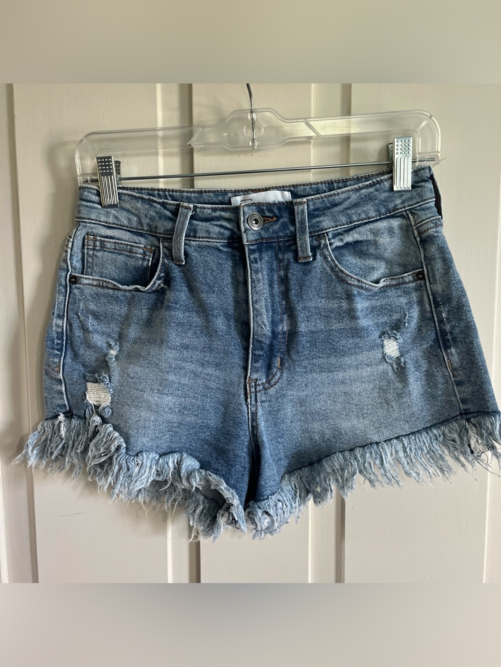 Celebrity Pink Light Blue Distressed Fringe Hem Denim Shorts